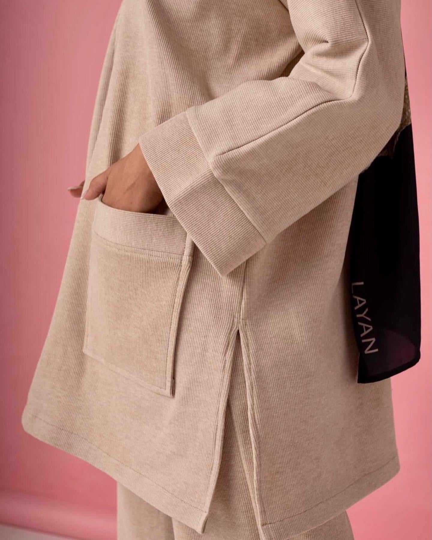 Striped cotton Open Kimono Beige set