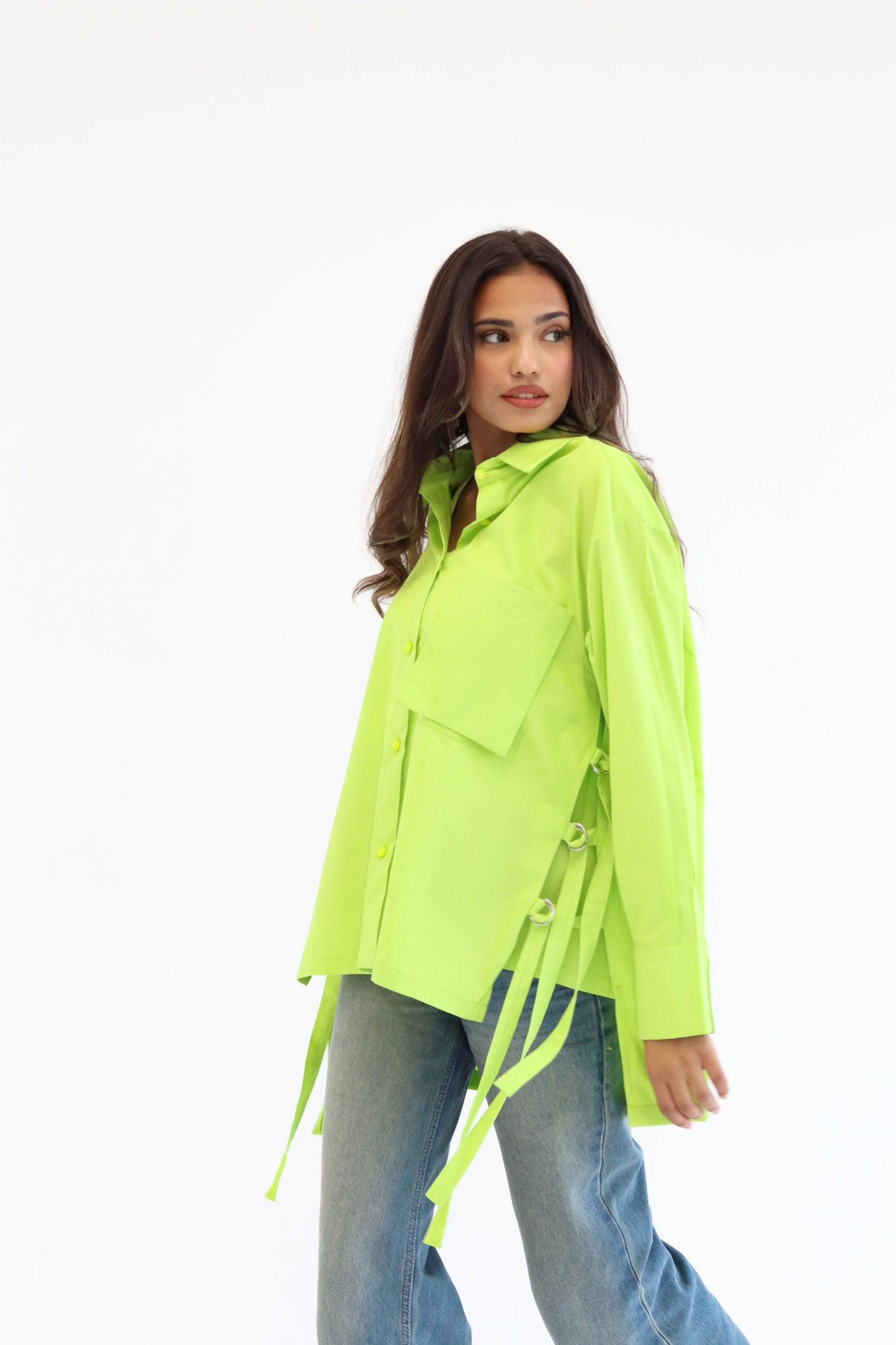 Belted statement poplin shirt - Lime Green