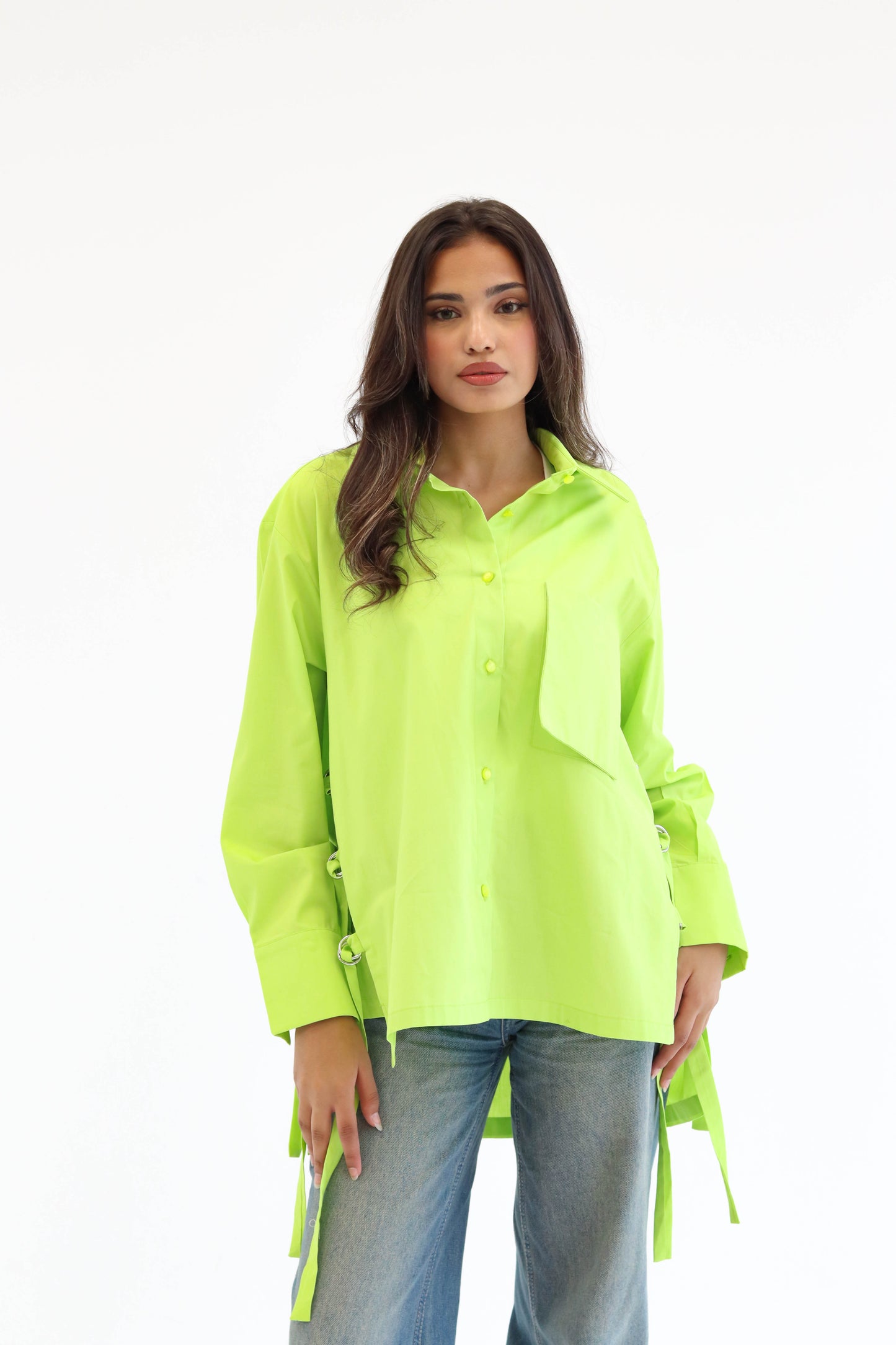 Belted statement poplin shirt - Lime Green