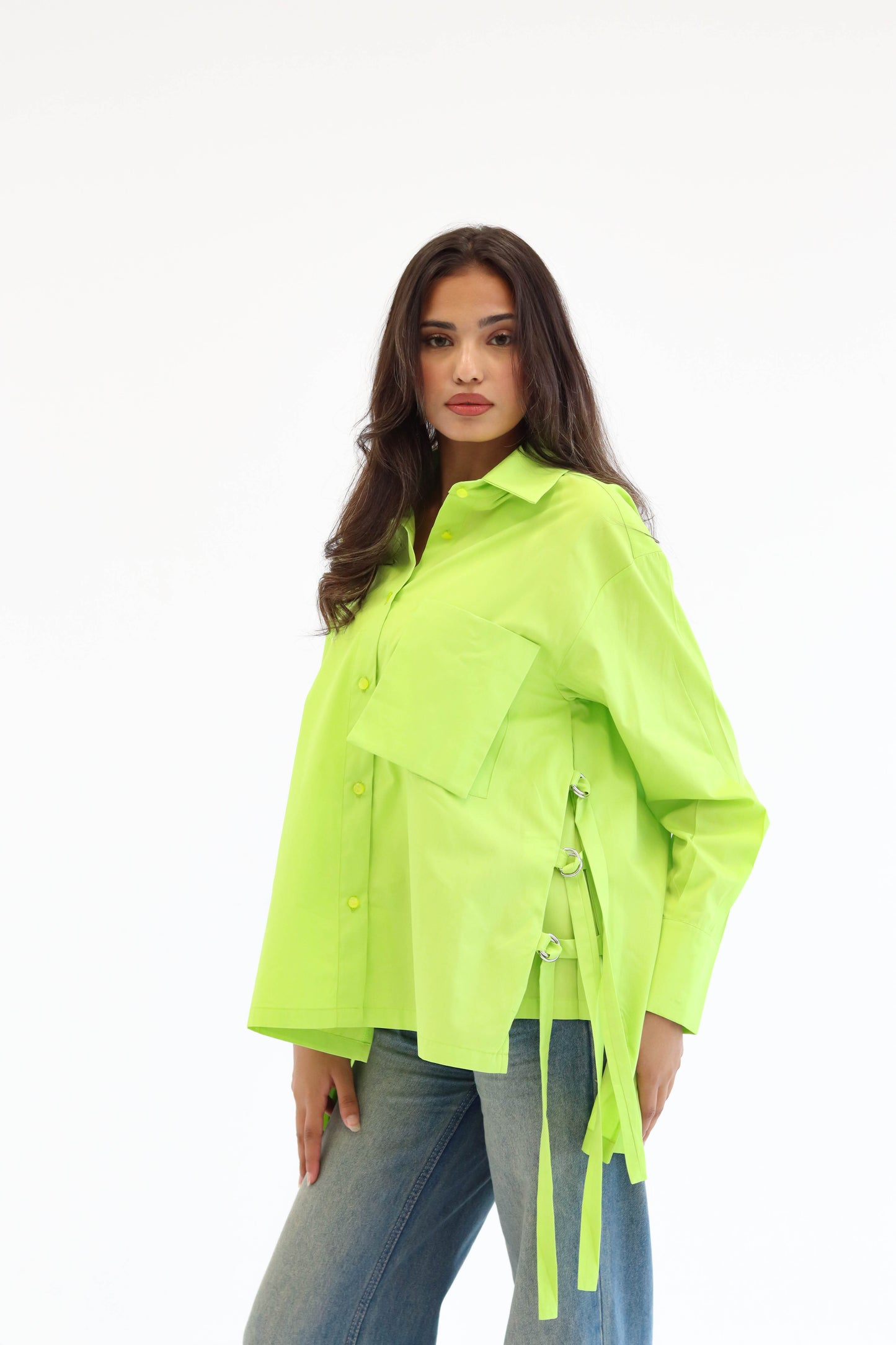 Belted statement poplin shirt - Lime Green