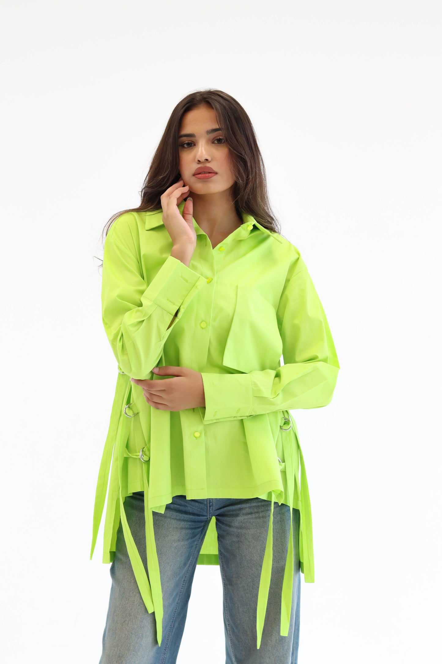Belted statement poplin shirt - Lime Green