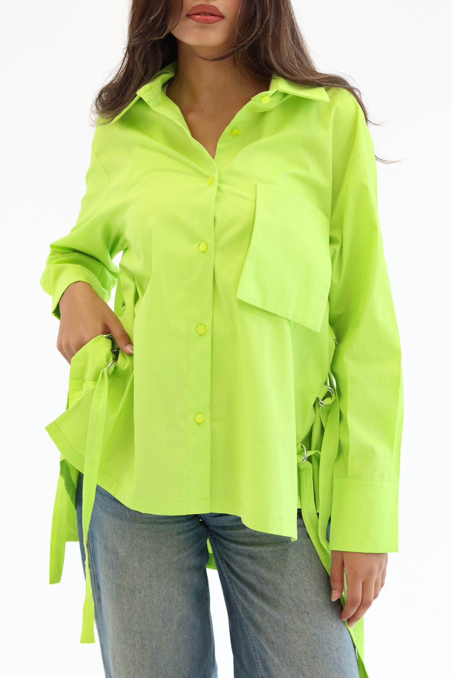 Belted statement poplin shirt - Lime Green
