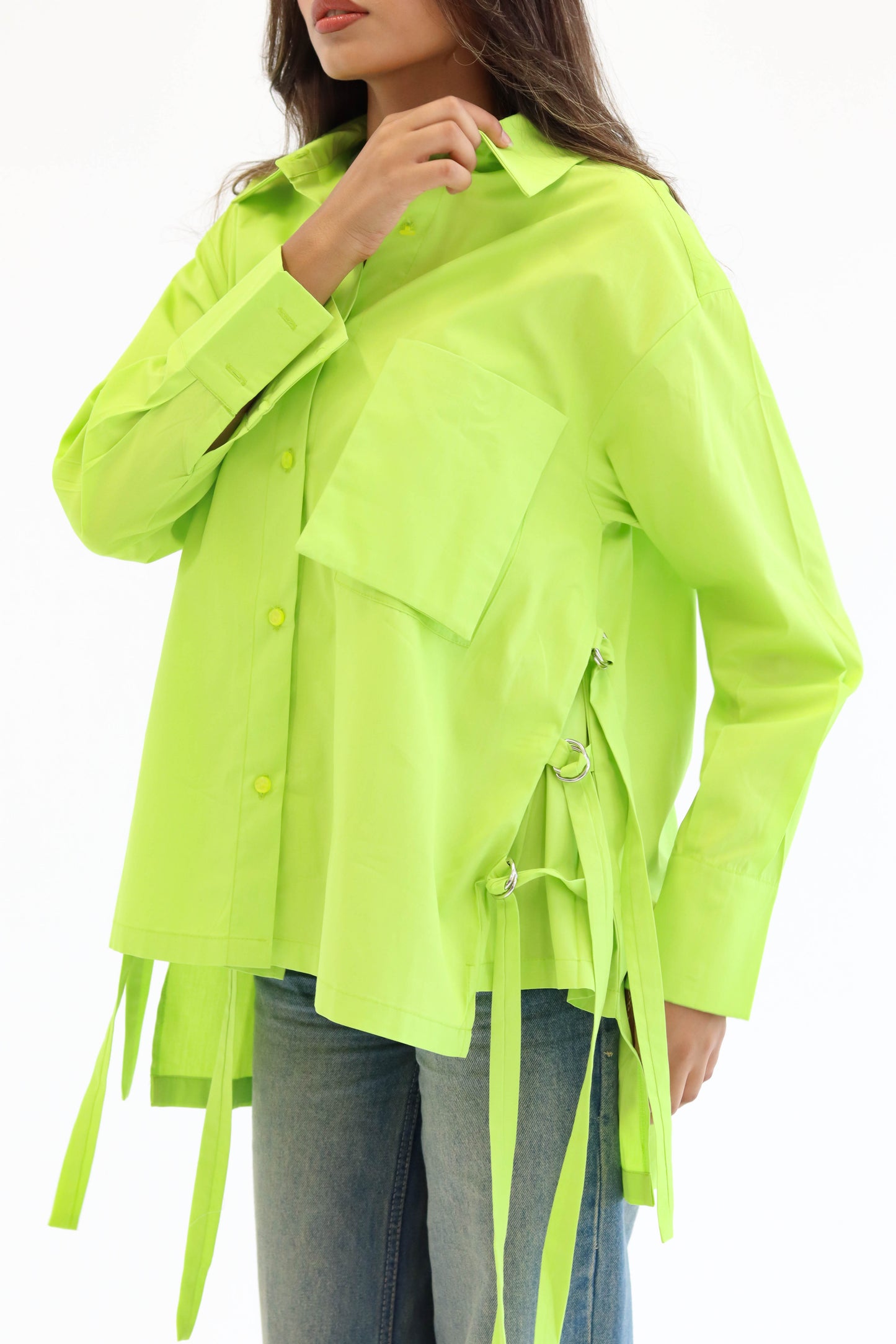 Belted statement poplin shirt - Lime Green