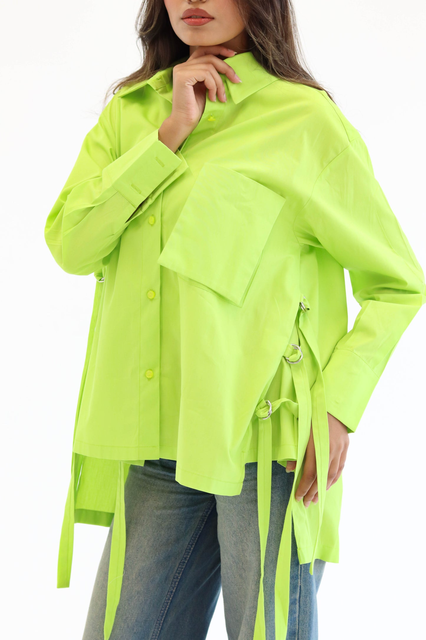 Belted statement poplin shirt - Lime Green