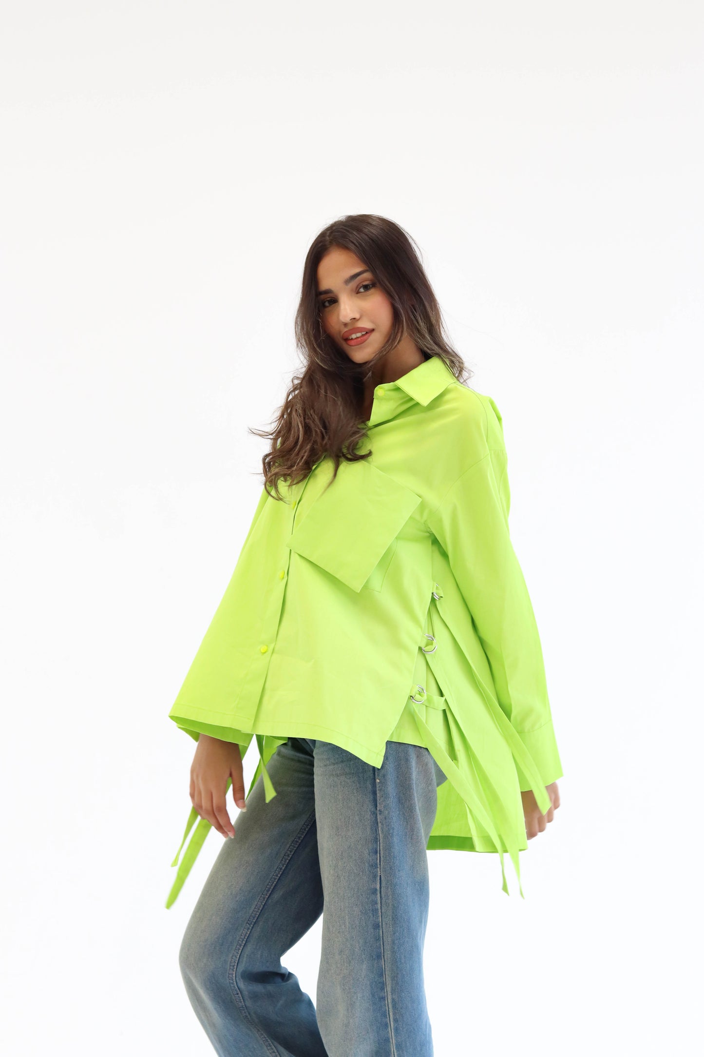 Belted statement poplin shirt - Lime Green